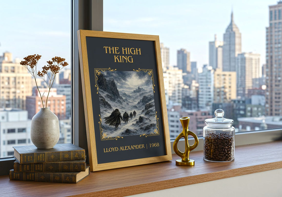 The High King Classic Book Art Print by Lloyd Alexander – framed print on a city-view windowsill