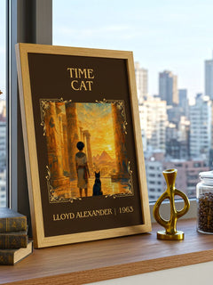 Time Cat Classic Book Art Print by Lloyd Alexander – framed print on a city-view windowsill