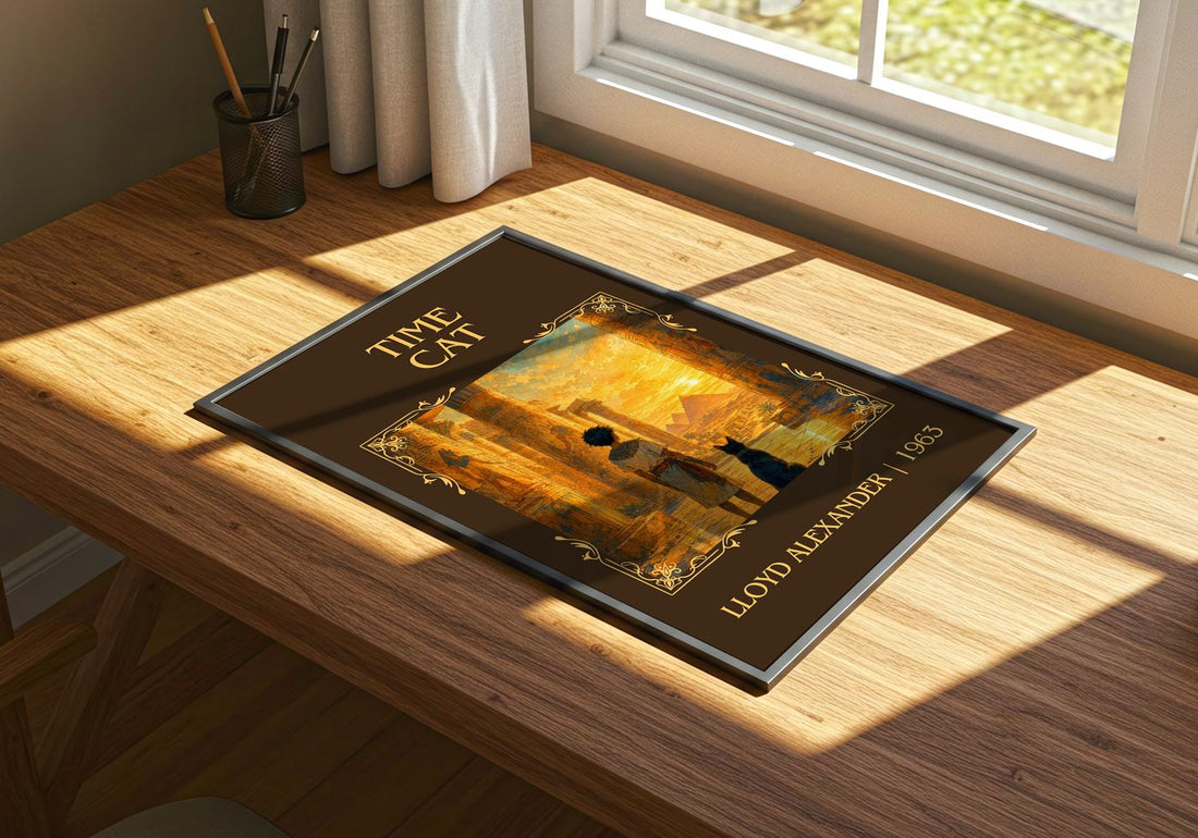 Time Cat Classic Book Art Print by Lloyd Alexander – print on a sunlit desk
