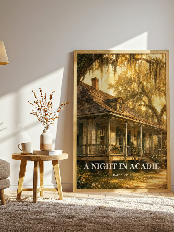 A Night In Acadie watercolour print in frame leaning in hallway – literary fiction wall art
