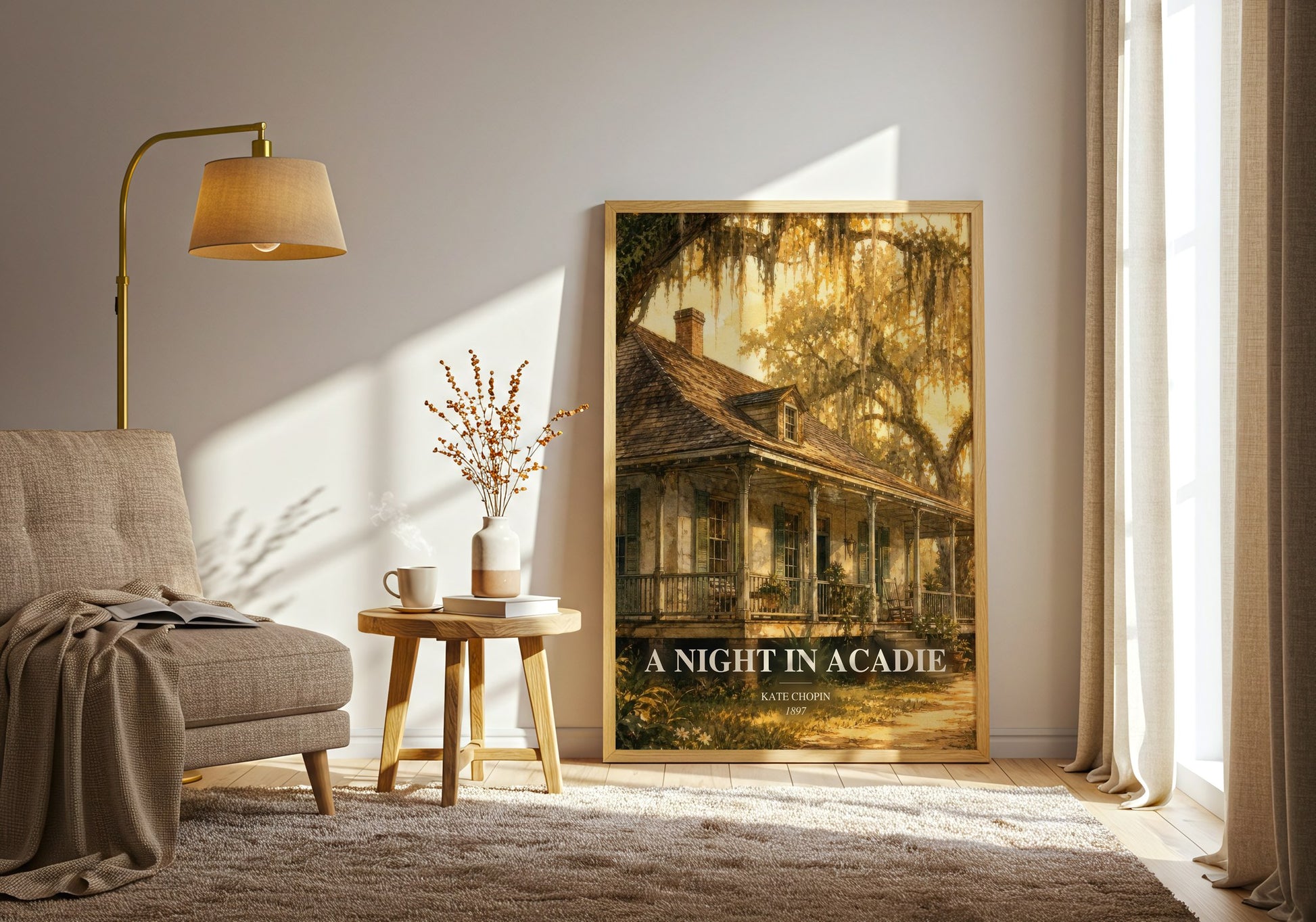 A Night In Acadie watercolour print in frame leaning in hallway – literary fiction wall art