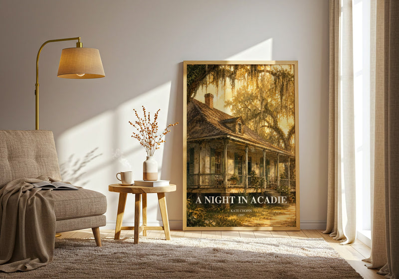 A Night In Acadie watercolour print in frame leaning in hallway – literary fiction wall art
