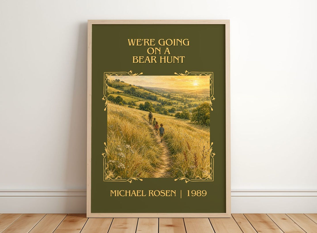 We're Going on a Bear Hunt Classic Book Art Print by Michael Rosen – framed print leaning on a wooden floor