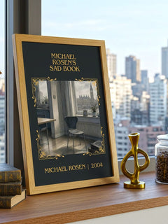 Michael Rosen's sad book Classic Book Art Print by Michael Rosen – framed print on a city-view windowsill
