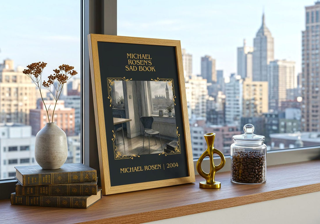 Michael Rosen's sad book Classic Book Art Print by Michael Rosen – framed print on a city-view windowsill