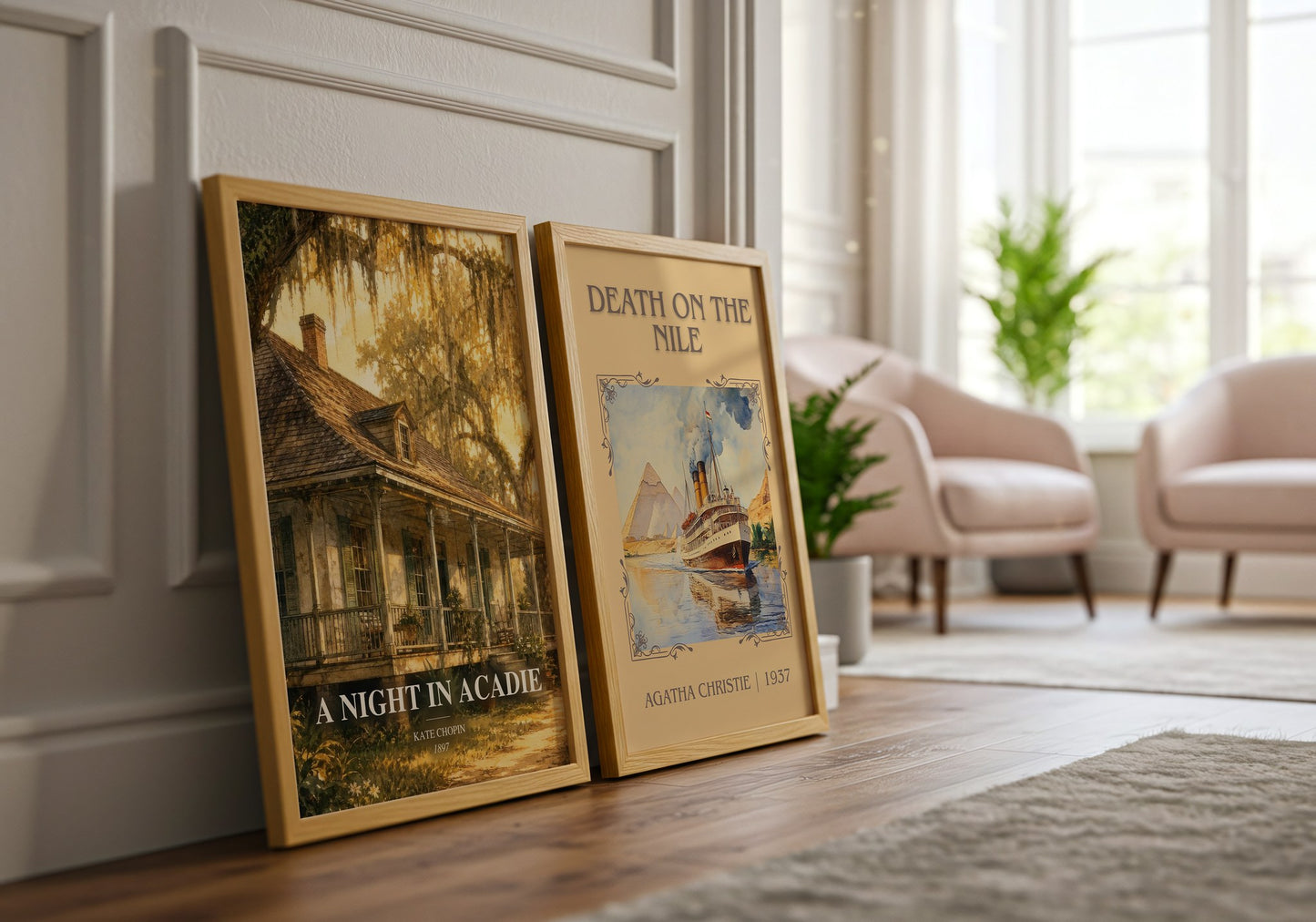 A Night In Acadie watercolour print framed by window – literary home decor