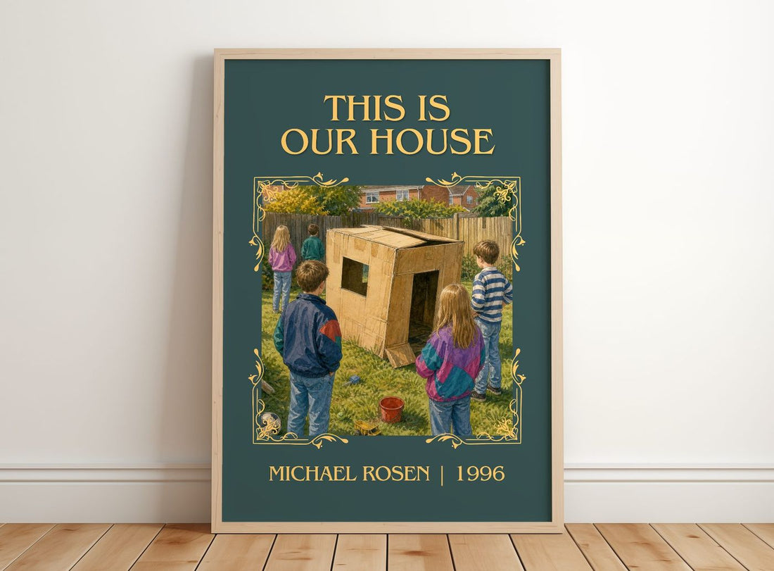 This is our house Classic Book Art Print by Michael Rosen – framed print leaning on a wooden floor