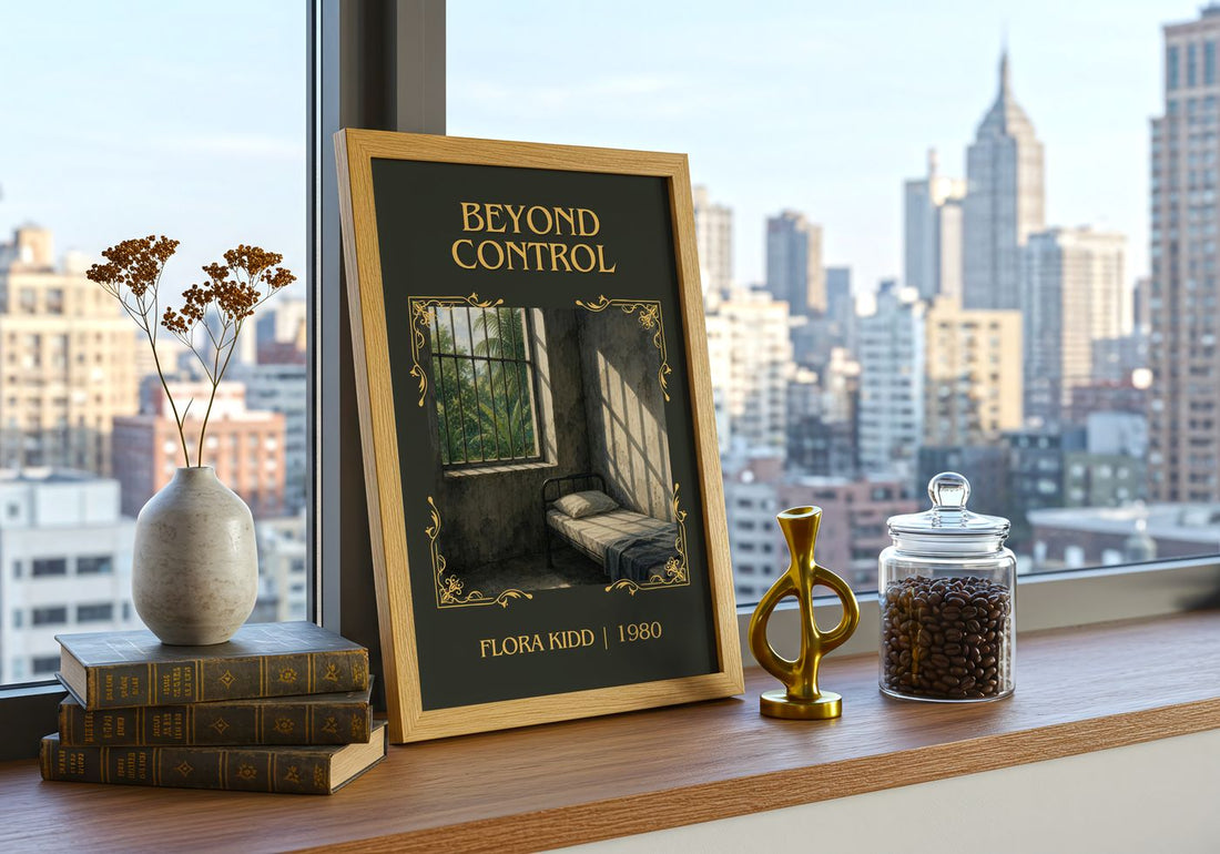 Beyond Control Classic Book Art Print by Flora Kidd – framed print on a city-view windowsill