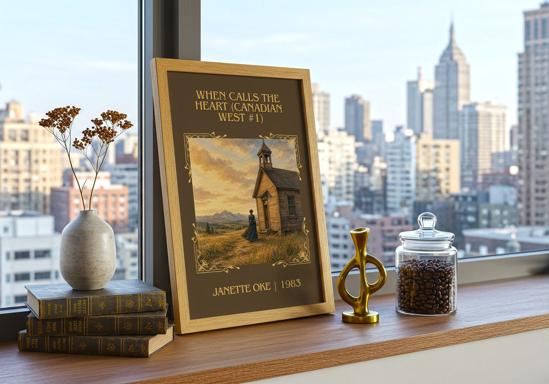 When Calls the Heart (Canadian West #1) Classic Book Art Print by Janette Oke – framed print on a city-view windowsill