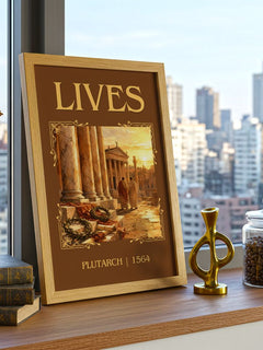 Lives Classic Book Art Print by Plutarch – framed print on a city-view windowsill