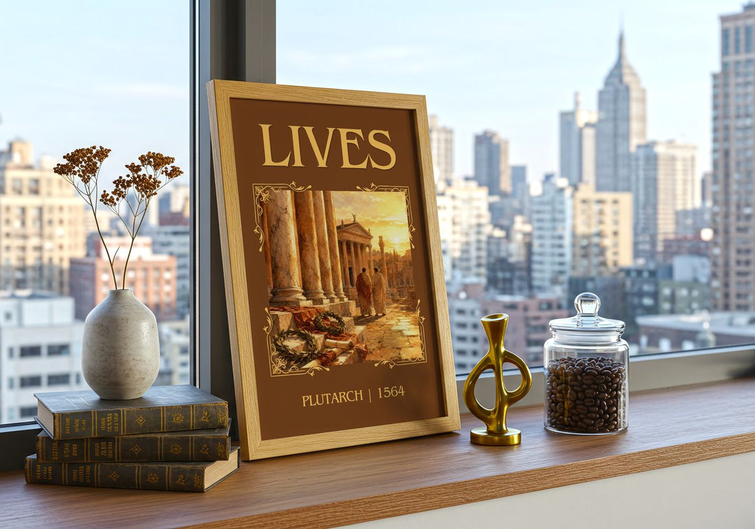 Lives Classic Book Art Print by Plutarch – framed print on a city-view windowsill