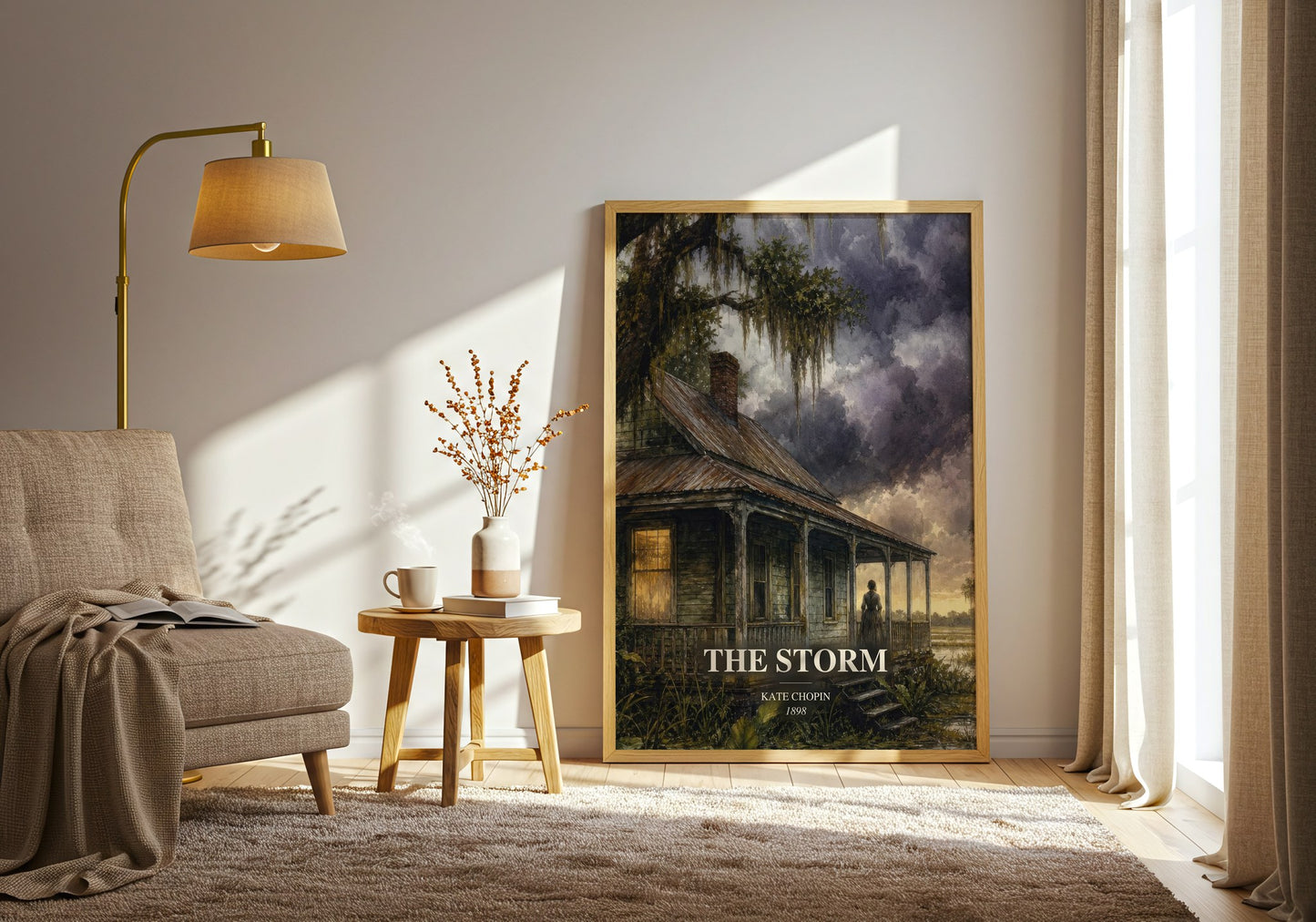 The Storm watercolour print in frame leaning in hallway – literary fiction wall art