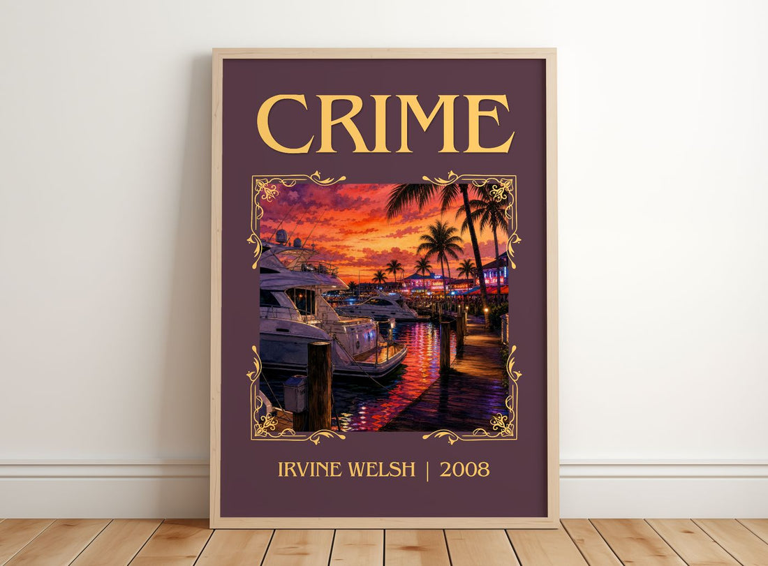 Crime Classic Book Art Print by Irvine Welsh – framed print leaning on a wooden floor
