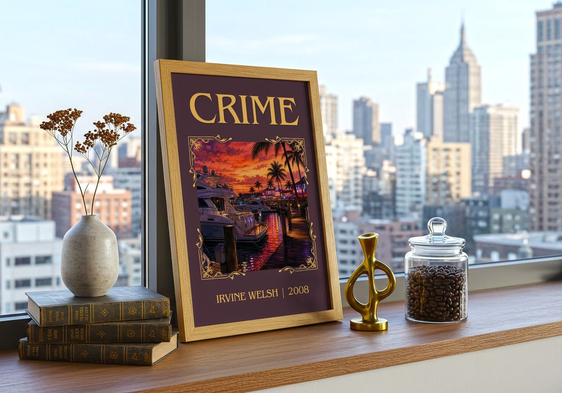 Crime Classic Book Art Print by Irvine Welsh – framed print on a city-view windowsill