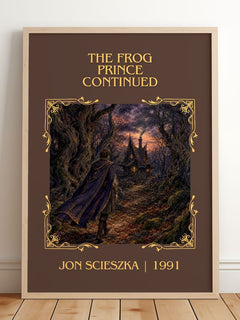 The Frog Prince Continued Classic Book Art Print by Jon Scieszka – framed print leaning on a wooden floor