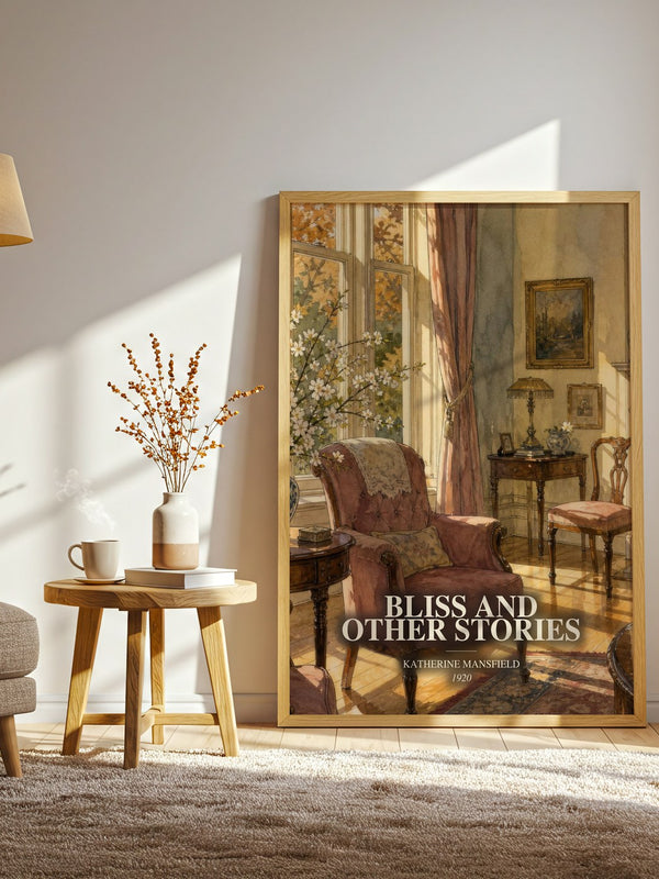 Bliss And Other Stories watercolour print in frame leaning in hallway – literary fiction wall art