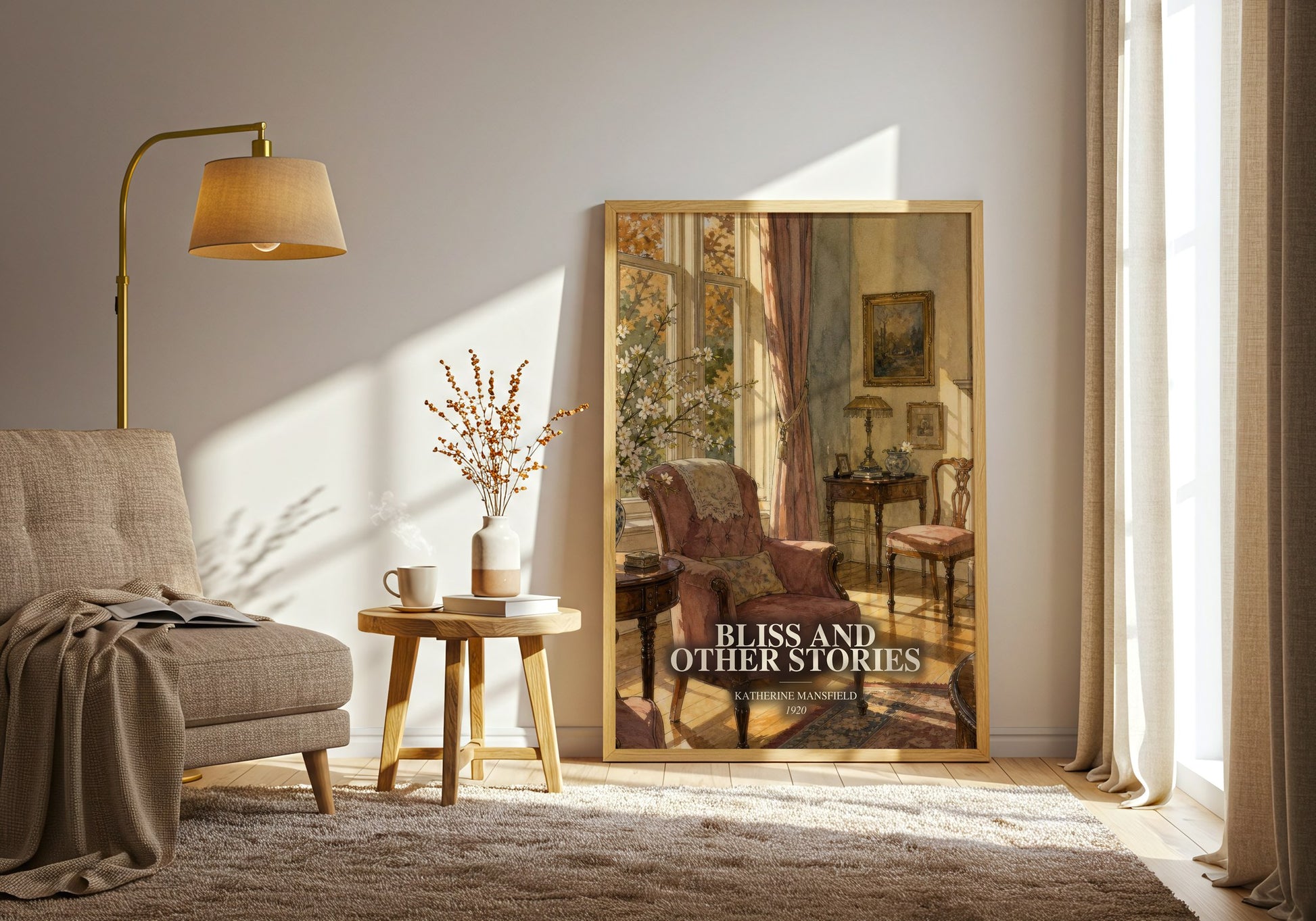 Bliss And Other Stories watercolour print in frame leaning in hallway – literary fiction wall art