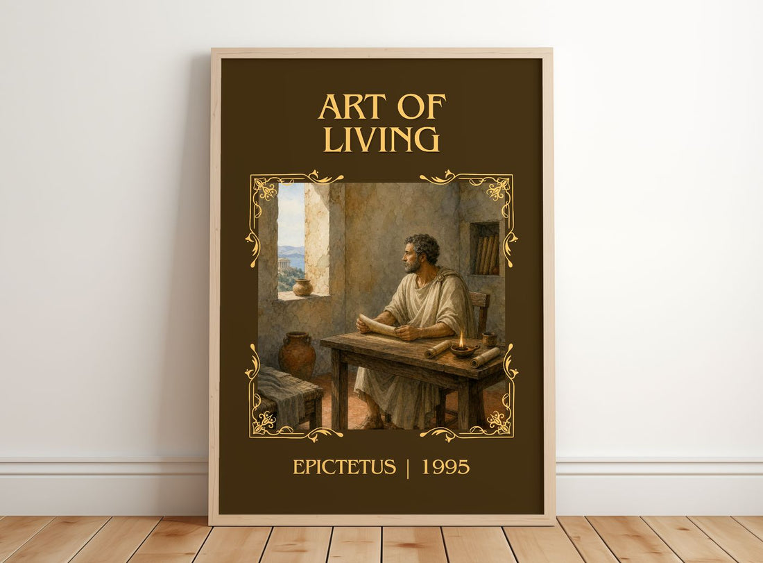 Art of Living Classic Book Art Print by Epictetus – framed print leaning on a wooden floor