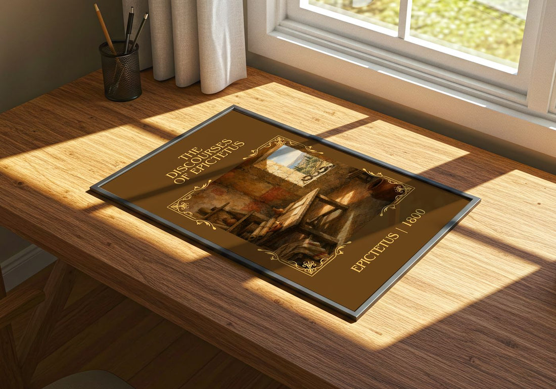 The discourses of Epictetus Classic Book Art Print by Epictetus – print on a sunlit desk