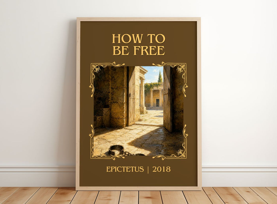 How to Be Free Classic Book Art Print by Epictetus – framed print leaning on a wooden floor