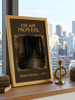Escape from Evil Classic Book Art Print by Ernest Becker – framed print on a city-view windowsill