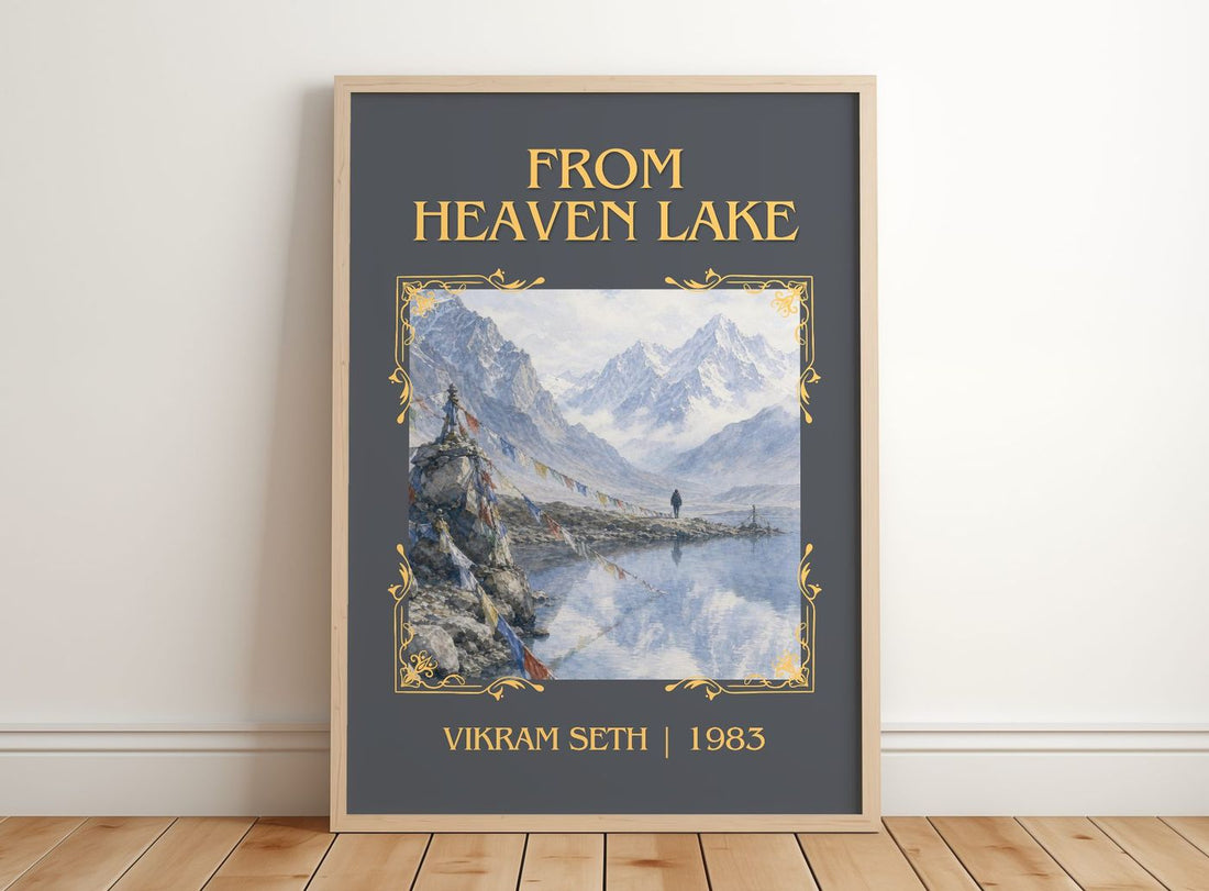 From Heaven Lake Classic Book Art Print by Vikram Seth – framed print leaning on a wooden floor