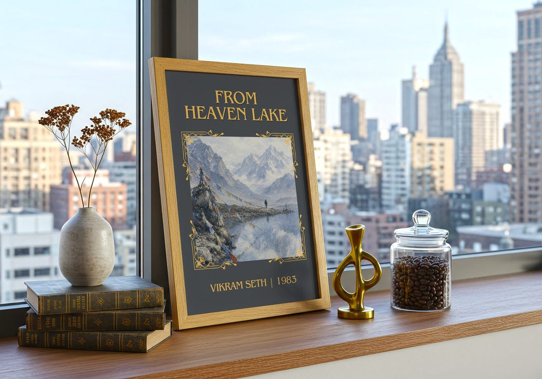 From Heaven Lake Classic Book Art Print by Vikram Seth – framed print on a city-view windowsill
