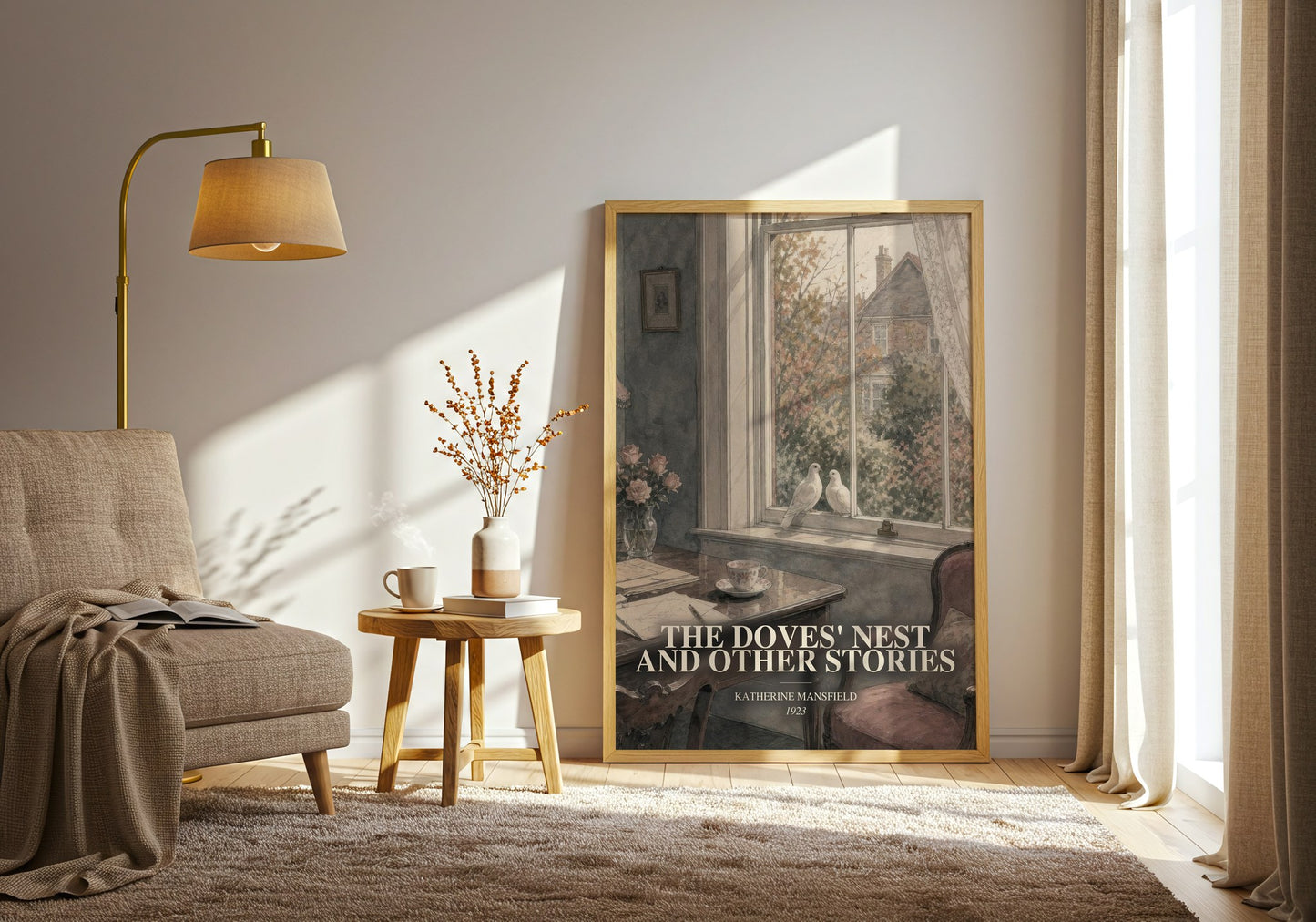 The Doves' Nest And Other Stories watercolour print in frame leaning in hallway – literary fiction wall art