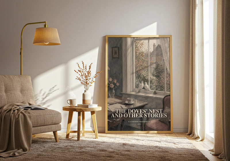 The Doves' Nest And Other Stories watercolour print in frame leaning in hallway – literary fiction wall art