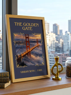 The Golden Gate Classic Book Art Print by Vikram Seth – framed print on a city-view windowsill