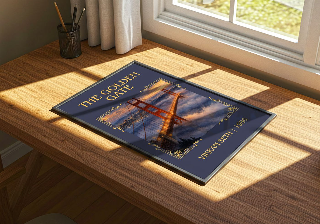 The Golden Gate Classic Book Art Print by Vikram Seth – print on a sunlit desk