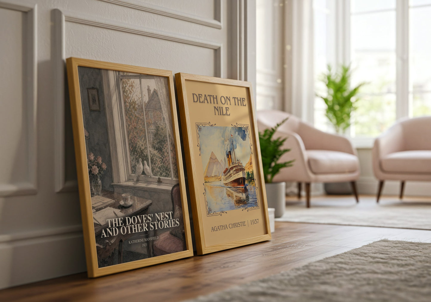 The Doves' Nest And Other Stories watercolour print framed by window – literary home decor