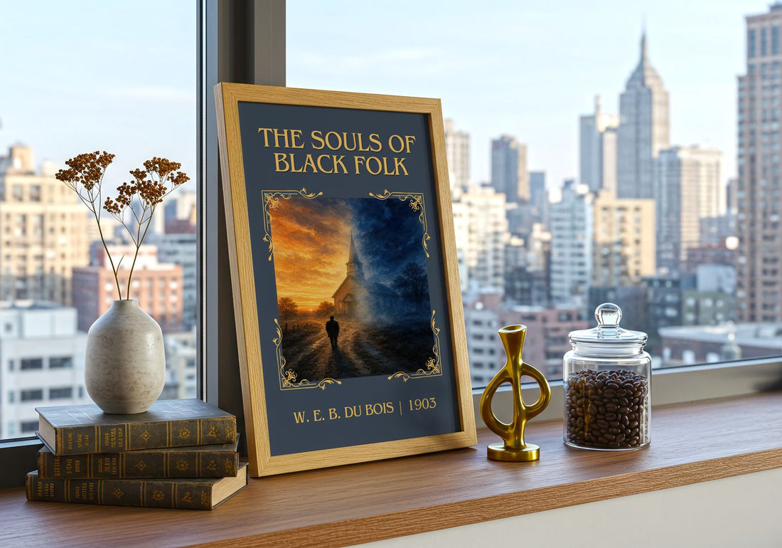 The Souls of Black Folk Classic Book Art Print by W. E. B. Du Bois – framed print on a city-view windowsill