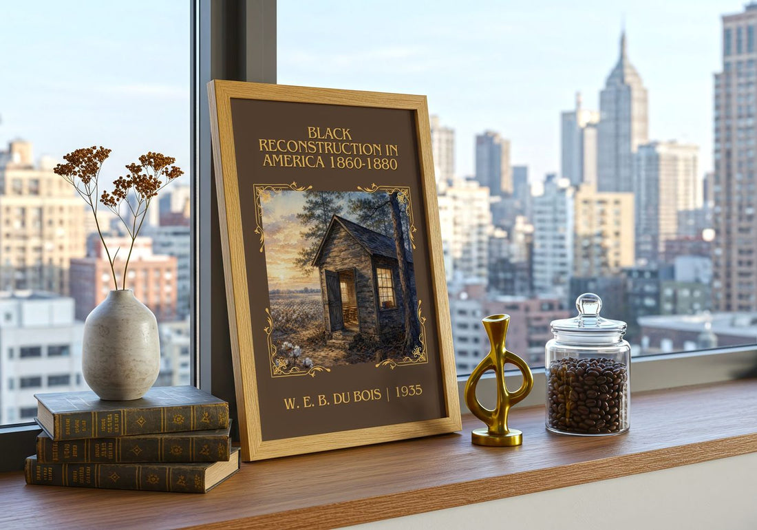 Black reconstruction in America 1860-1880 Classic Book Art Print – framed print on a city-view windowsill