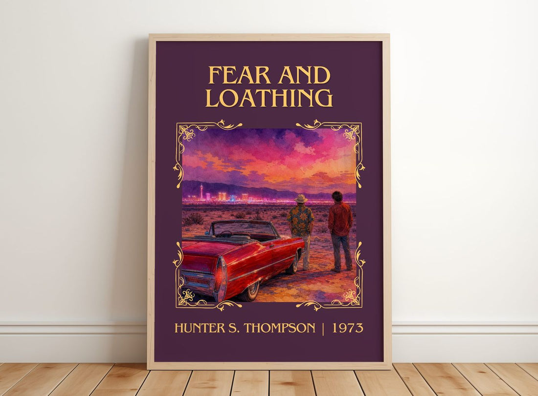 Fear and Loathing Classic Book Art Print by Hunter S. Thompson – framed print leaning on a wooden floor