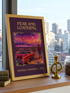 Fear and Loathing Classic Book Art Print by Hunter S. Thompson – framed print on a city-view windowsill