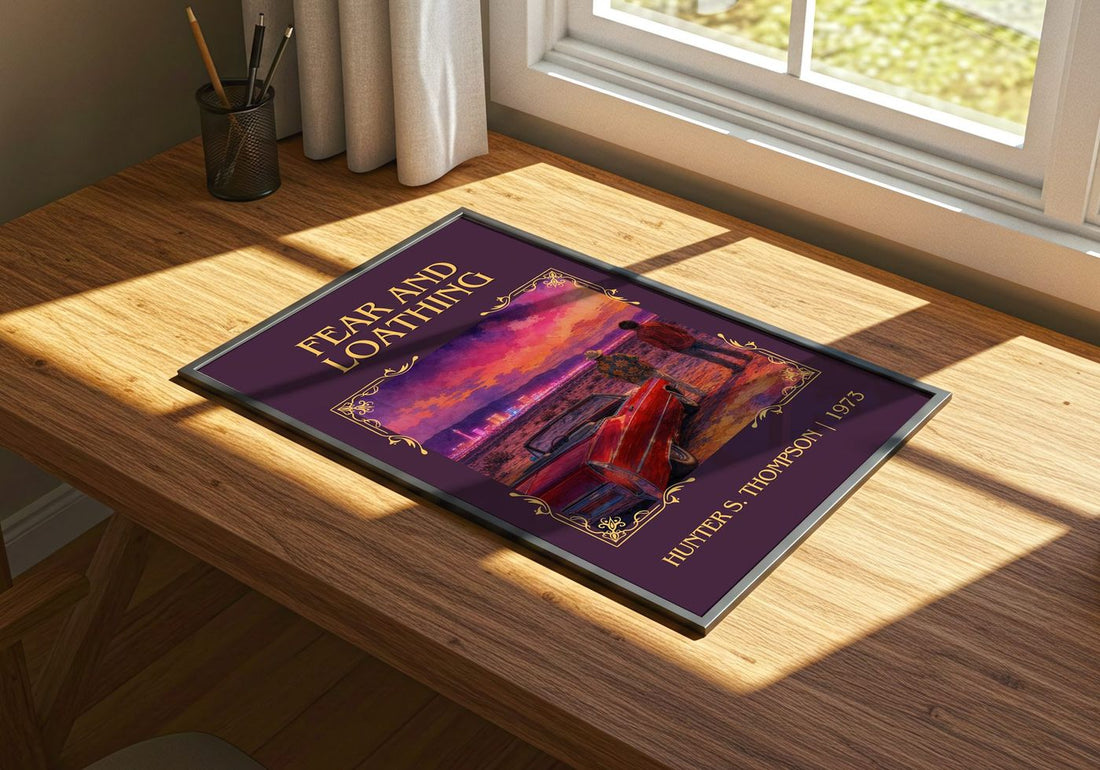 Fear and Loathing Classic Book Art Print by Hunter S. Thompson – print on a sunlit desk