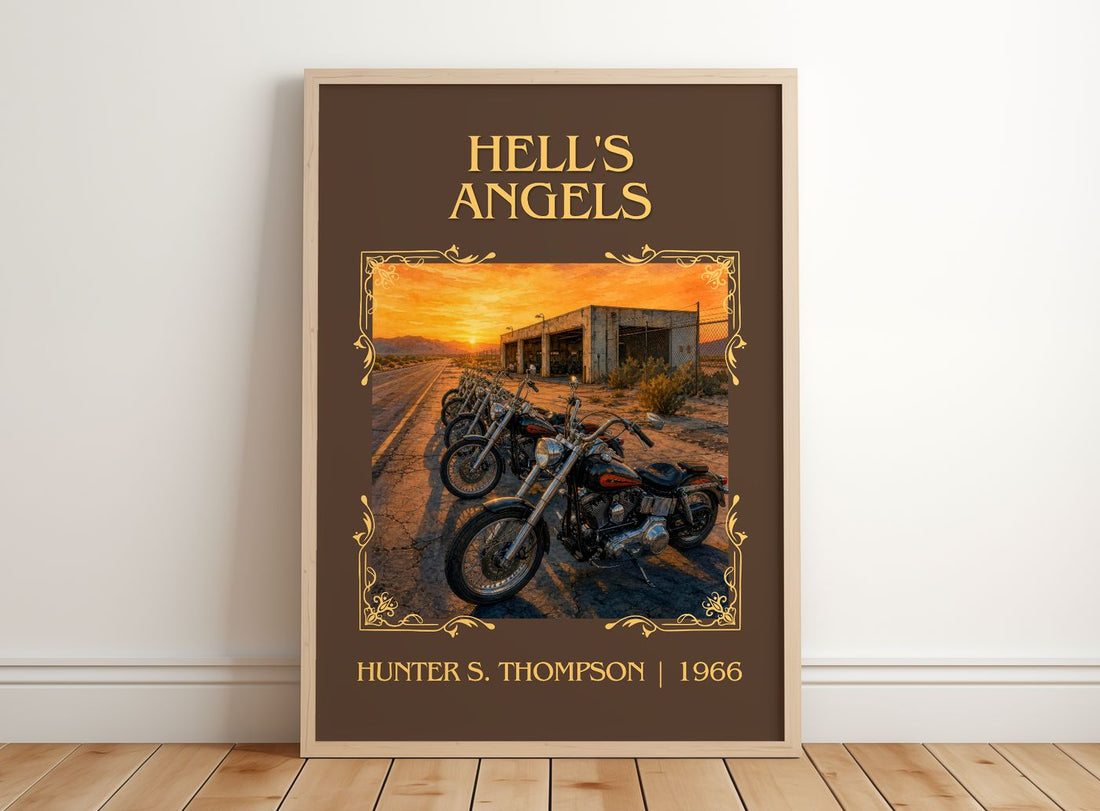 Hell's Angels Classic Book Art Print by Hunter S. Thompson – framed print leaning on a wooden floor