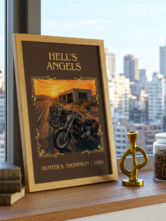 Hell's Angels Classic Book Art Print by Hunter S. Thompson – framed print on a city-view windowsill