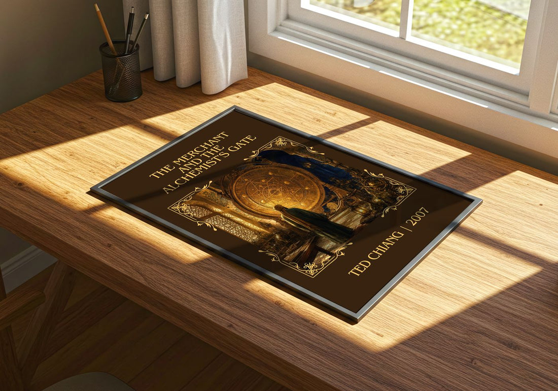 Merchant and the Alchemist's Gate Classic Book Art Print by Ted Chiang – print on a sunlit desk