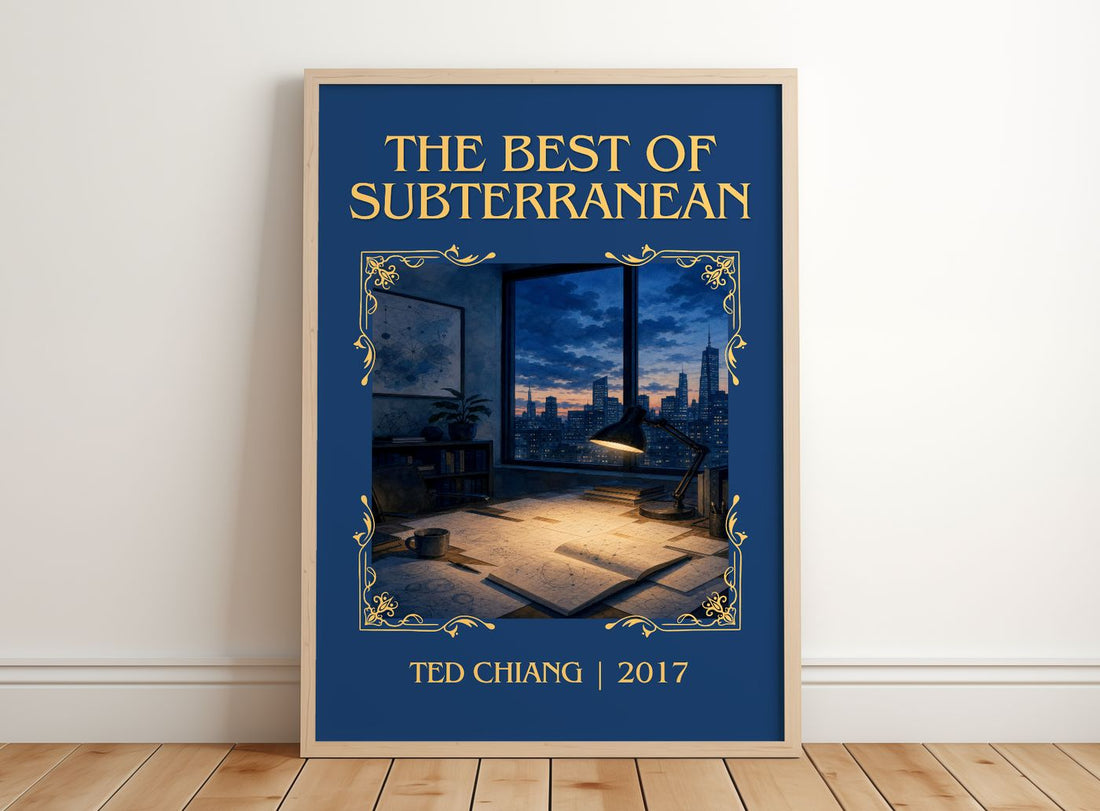 The Best of Subterranean Classic Book Art Print by Ted Chiang – framed print leaning on a wooden floor
