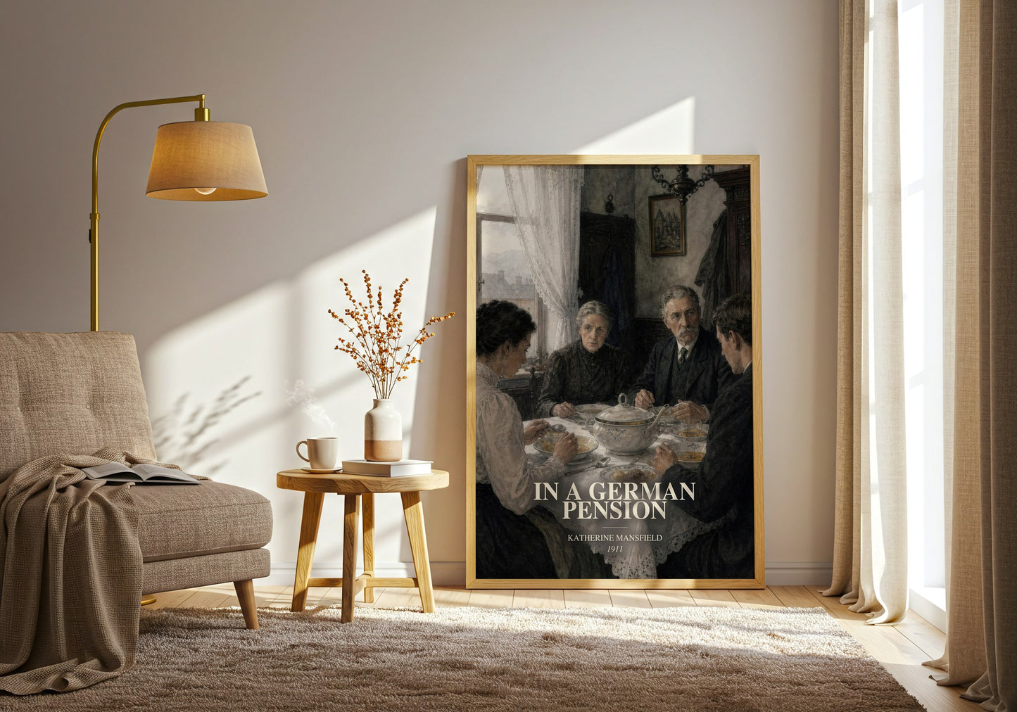 In A German Pension watercolour print in frame leaning in hallway – classic literature wall art