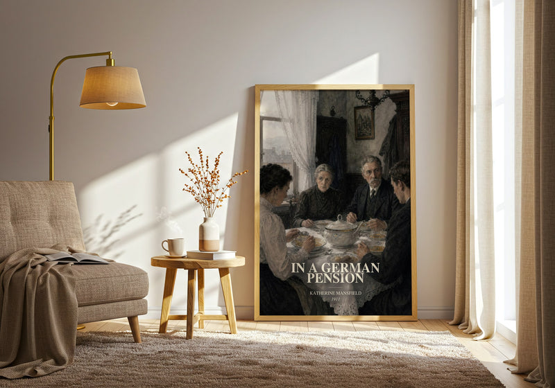 In A German Pension watercolour print in frame leaning in hallway – classic literature wall art