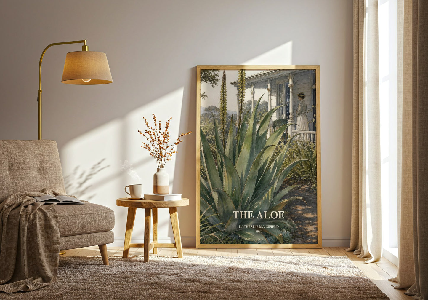 The Aloe watercolour print in frame leaning in hallway – literary fiction wall art