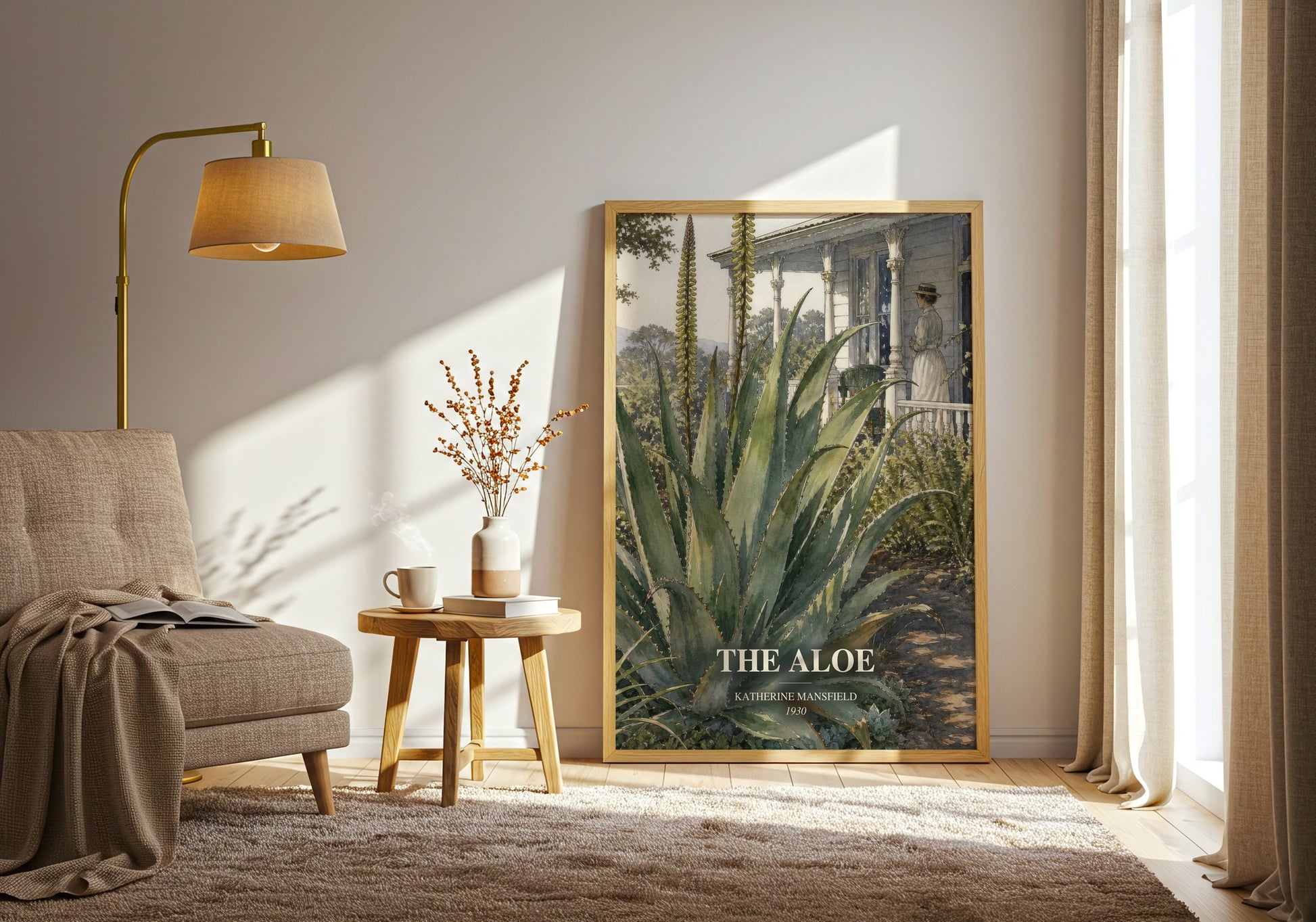 The Aloe watercolour print in frame leaning in hallway – literary fiction wall art