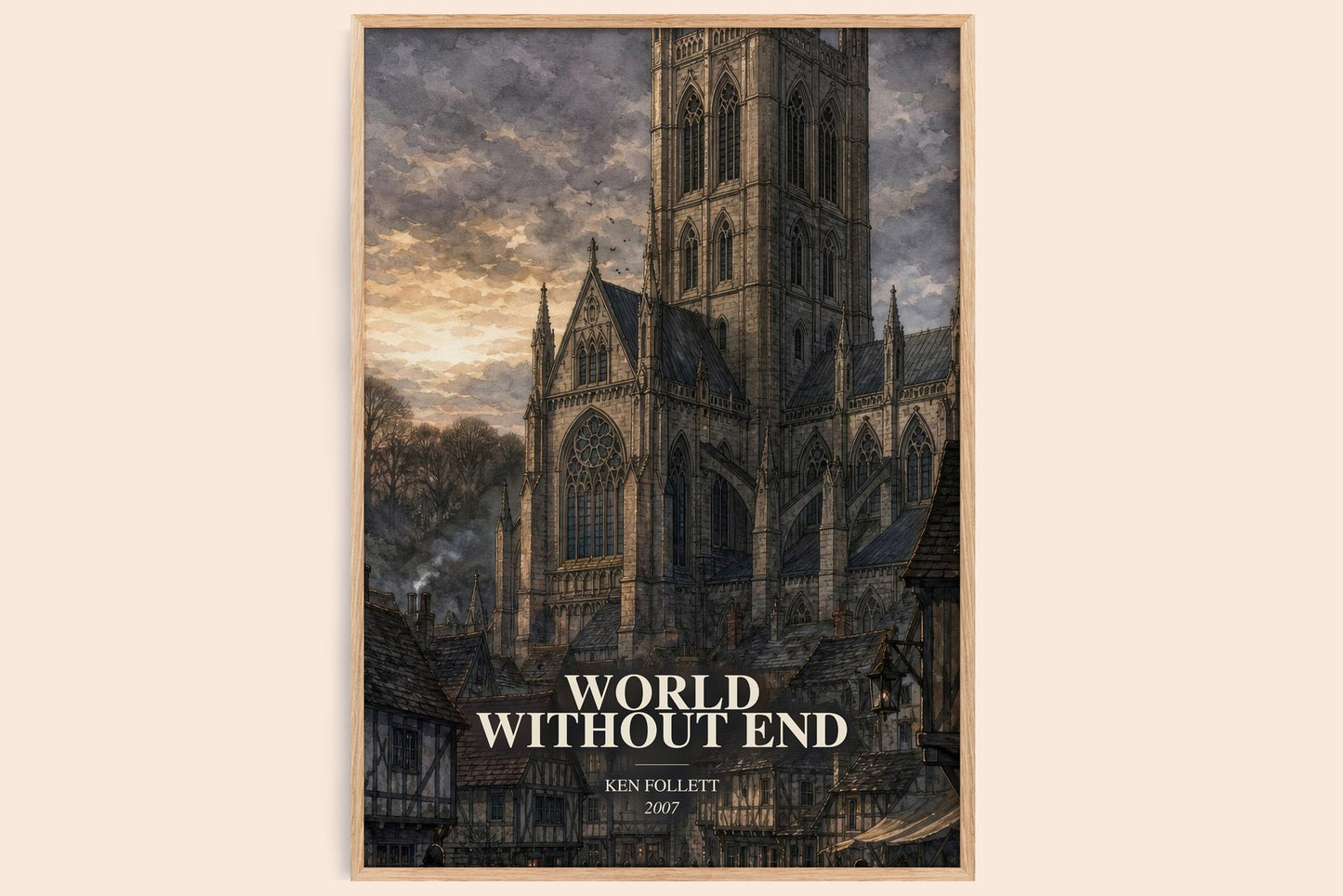 World Without End watercolour book poster by Ken Follett – framed literary art print