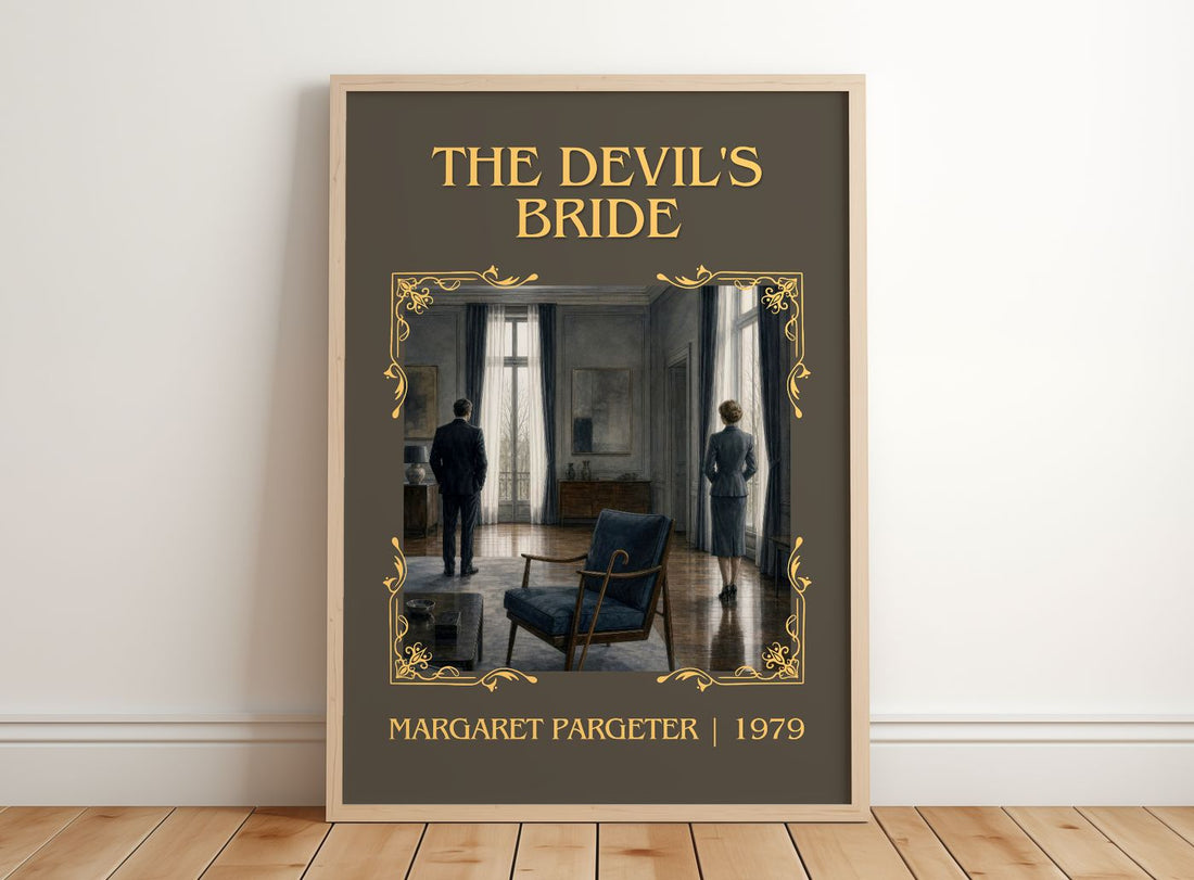 The Devil's Bride Classic Book Art Print by Margaret Pargeter – framed print leaning on a wooden floor