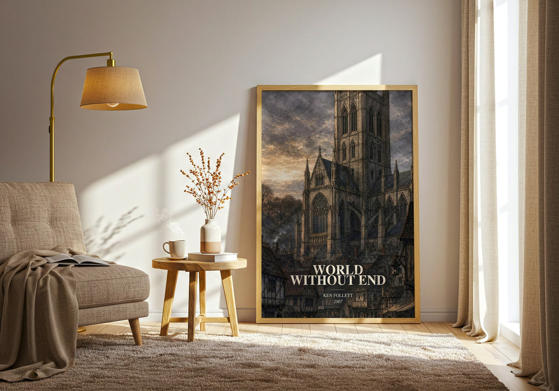 World Without End watercolour print in frame leaning in hallway – historical fiction wall art (mockup)