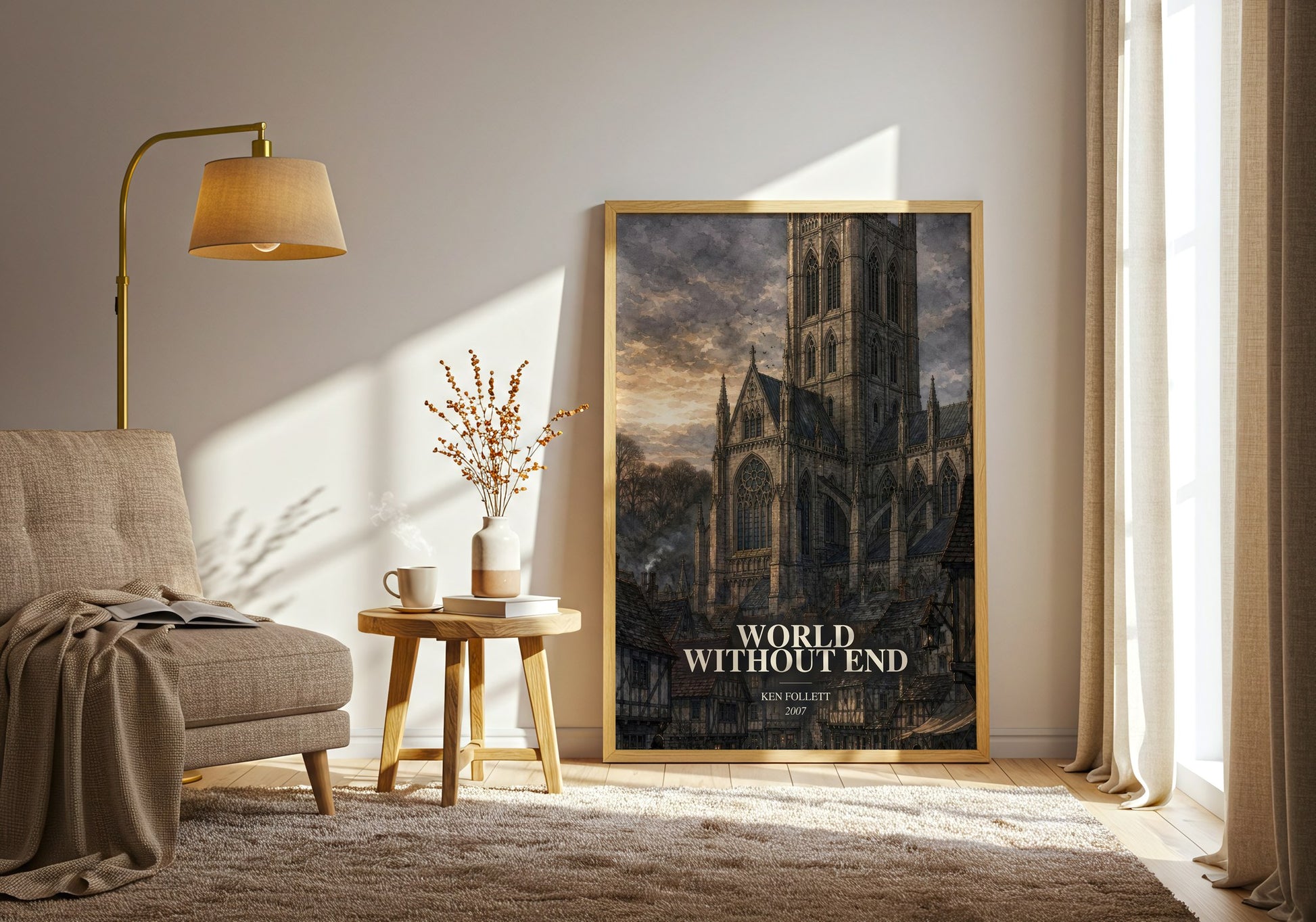 World Without End watercolour print in frame leaning in hallway – historical fiction wall art