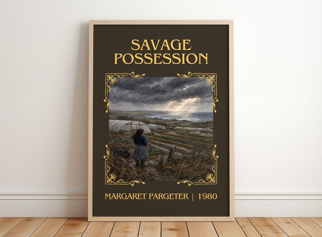 Savage possession Classic Book Art Print by Margaret Pargeter – framed print leaning on a wooden floor